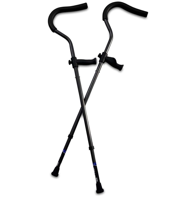 A pair of In-Motion Freedom underarm crutches crossed in front of a white background