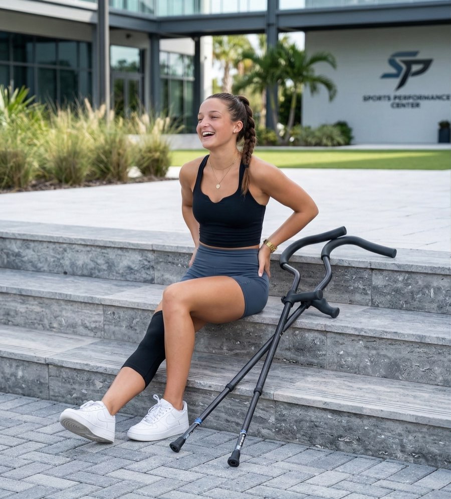 Woman resting on outdoor steps with her In-Motion Freedom crutches beside her
